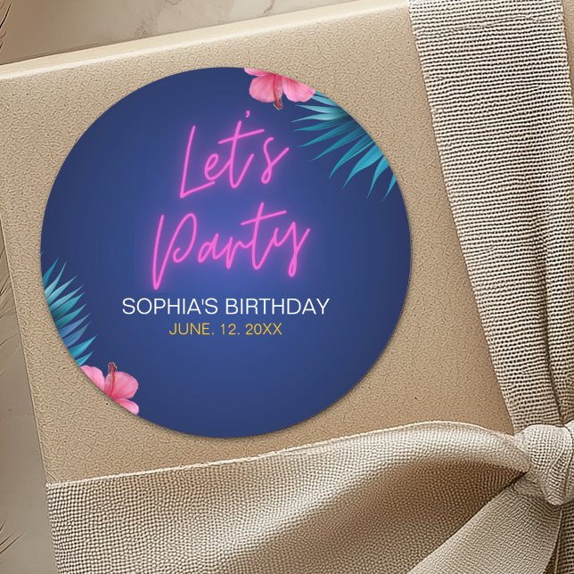 Adesivo Redondo Let's Party Neon Electric Pink Birthday Woman (Criador carregado)