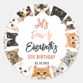 Adesivo Redondo Let's Pawty Cat 5th Birthday | Custom Birthday Kid