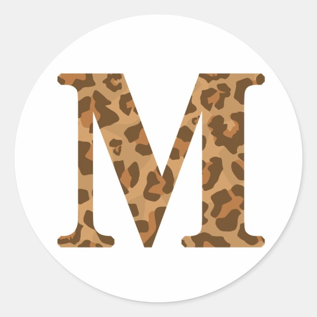 Adesivo Redondo Letter M First Name Monogram Initial Leopard Print (Frente)