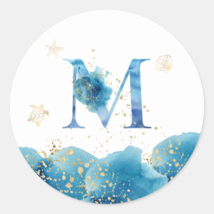 Adesivo Redondo *~* LETTER M - Sea Ocean Beach Envelope Sticker