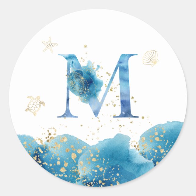 Adesivo Redondo *~* LETTER M - Sea Ocean Beach Envelope Sticker (Frente)