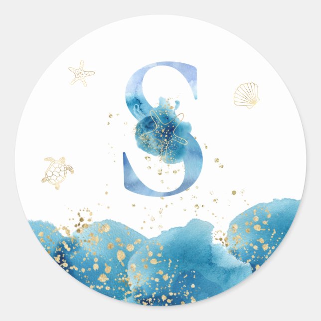 Adesivo Redondo *~* LETTER S - Sea Ocean Beach Envelope Sticker (Frente)