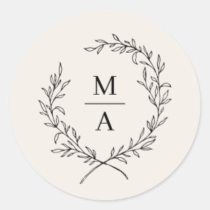 Adesivo Redondo Leve Ecru Simples Elegante Laurel Wreath Monograma