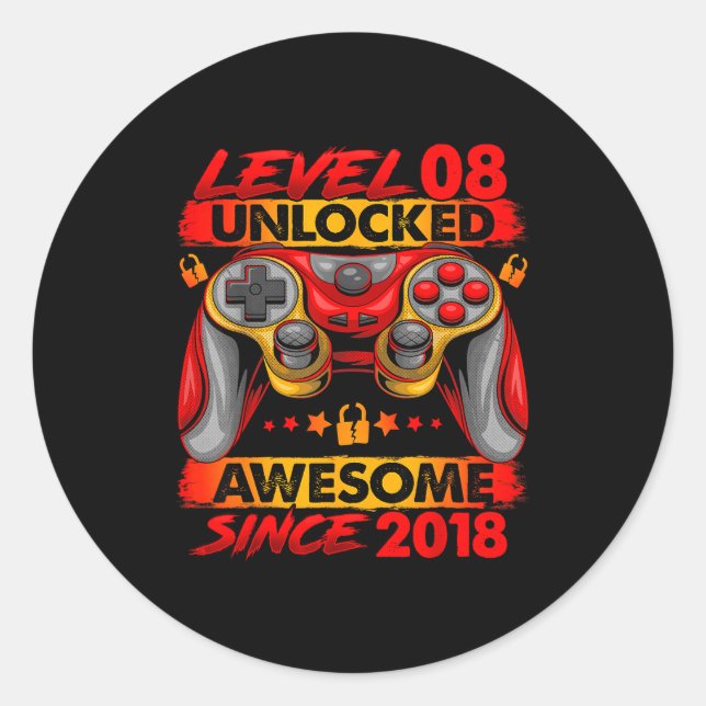 Adesivo Redondo Level 8 Unlocked 8 Year Old Boys 8th Birthday Boy  (Frente)