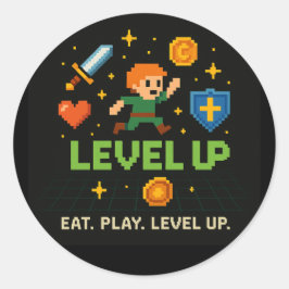 Adesivo Redondo Level Up Gamer Sticker – Retro Pixel Gaming Art