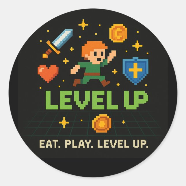 Adesivo Redondo Level Up Gamer Sticker – Retro Pixel Gaming Art (Frente)