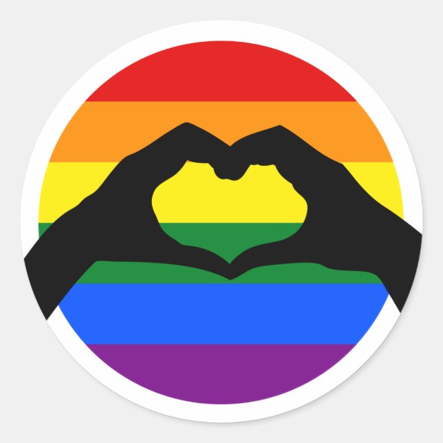 Adesivo Redondo LGBT Orgulho gay Rainbow e Heart Hand Silhouette (Frente)
