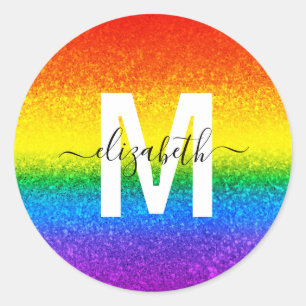 Adesivo Redondo LGBT Pride Rainbow Glitter Stripes Nome do Monogra