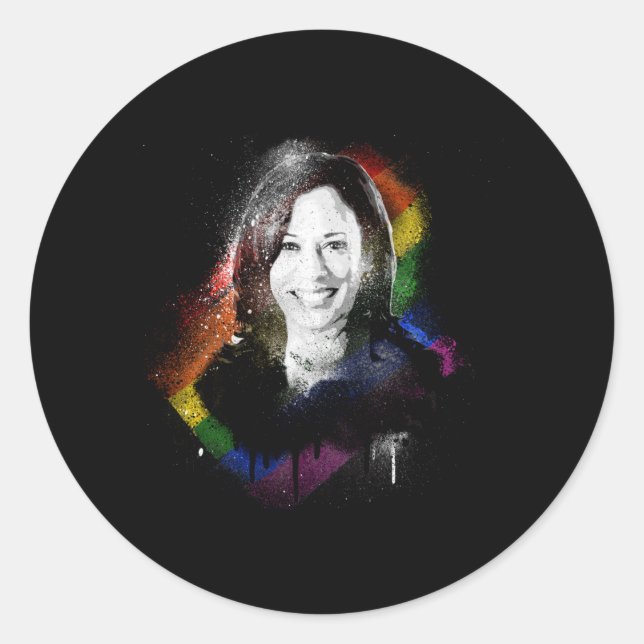 Adesivo Redondo LGBTQ Rainbow Kamala Harris Orgulho de Pintura (Frente)