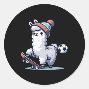 Adesivo Redondo Lhama Fofa Em Skate Com Boné Byll De Futebol 