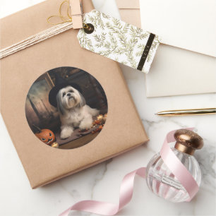 Adesivo Redondo Lhasa Apso Abóboras Dia das Bruxas Assustador