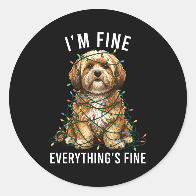 Adesivo Redondo Lhasa Apso Christmas I'm Fine Everything Is Fine  (Frente)
