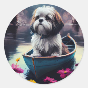 Adesivo Redondo Lhasa Apso em uma Canoa: Uma Aventura Cênica