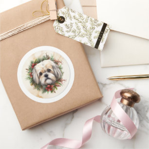 Adesivo Redondo Lhasa Apso Grinalda de Natal Cachorrinho Festivo