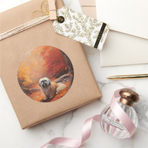 Adesivo Redondo Lhasa Apso no outono Folhas caem inspiração