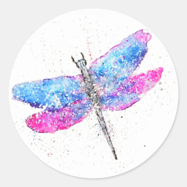 Adesivo Redondo Libélula aquarela rosa azul (Frente)