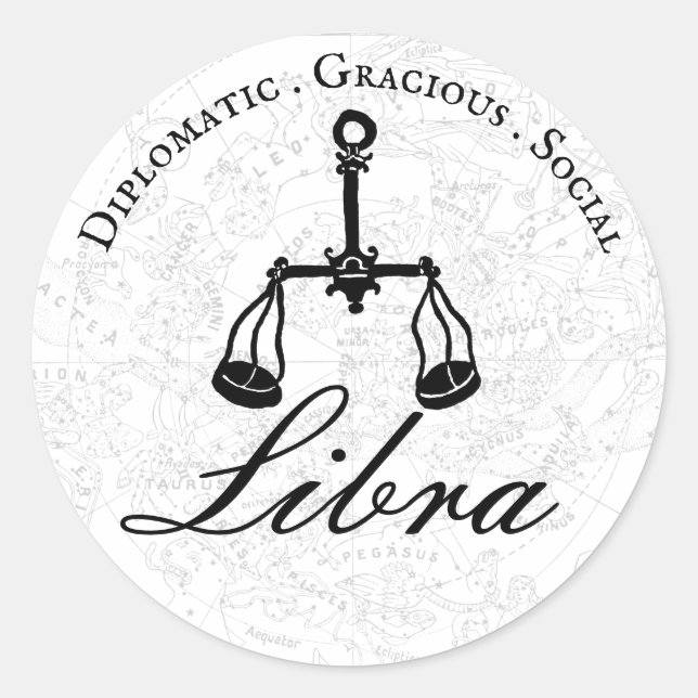 Adesivo Redondo Libra Zodiac - Personalidade Astrologica Negra (Frente)