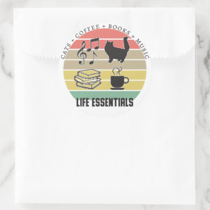 Adesivo Redondo "Life Essentials Cats", Café, Livros, Música Vinta
