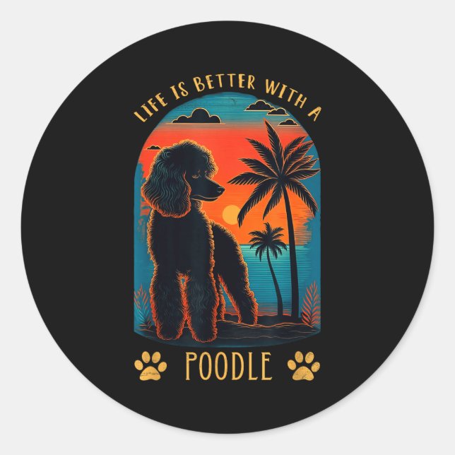 Adesivo Redondo Life Is Better With A Odle Sunset Beach Retro Dog  (Frente)