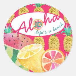 Adesivo Redondo Lifes a Beach! Fruta tropical divertida monograma