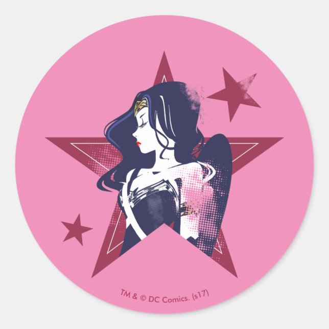 Adesivo Redondo Liga da Justiça | Mulher Maravilha e Estrelas Pop (Frente)