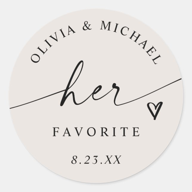 Adesivo Redondo Light Beige Her Favorite Script Wedding Treat Bag (Frente)