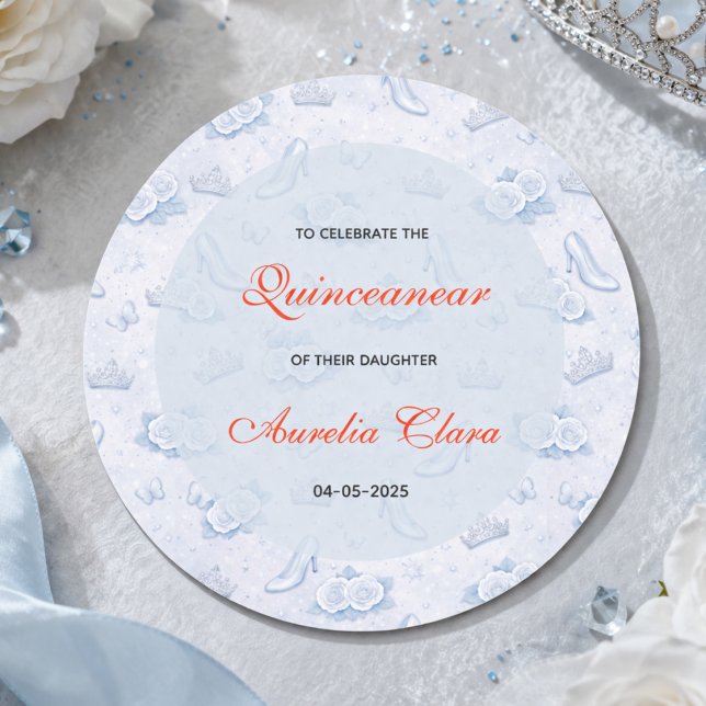 Adesivo Redondo Light Blue Silver Princess Quinceanera Birthday  (Light Blue Silver Princess Quinceanera Birthday Classic Round Sticker
)