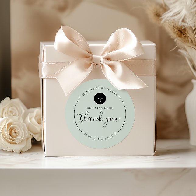 Adesivo Redondo Light Mint, obrigado, feito à mão com amor (Light Mint Thank You Handmade with Love Classic Round Sticker)
