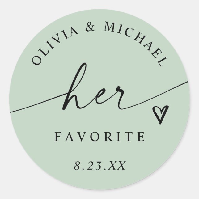 Adesivo Redondo Light Sage Her Favorite Script Wedding Treat Bag (Frente)