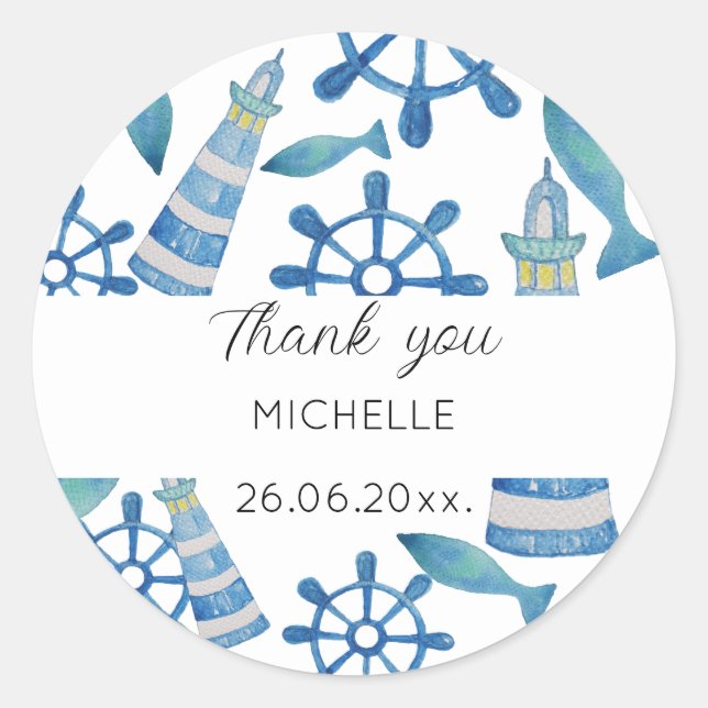 Adesivo Redondo Lighthouse Beach Watercolor pintada à mão (Frente)