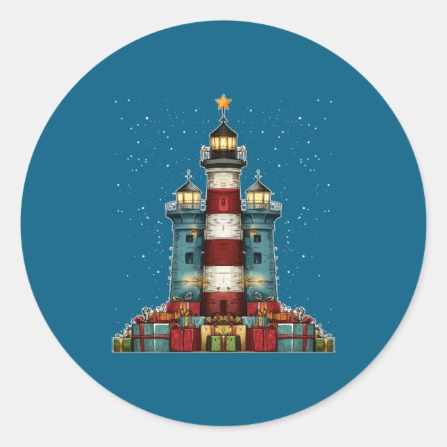 Adesivo Redondo Lighthouse Seaside Christmas Tree Xmas Long Sleeve (Frente)