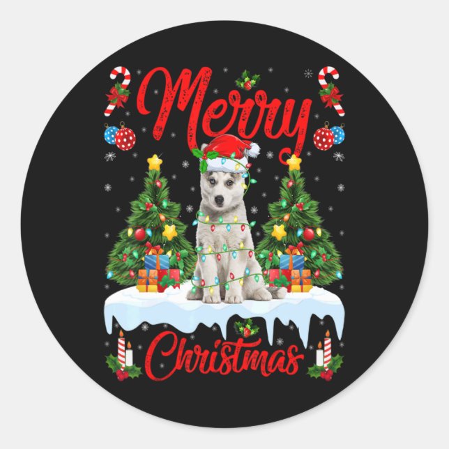 Adesivo Redondo Lights Xmas Tree Santa Siberian Husky Dog Christma (Frente)