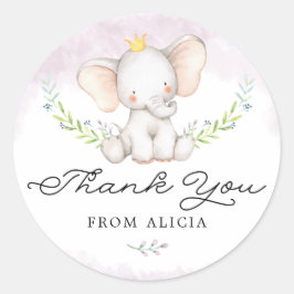 Adesivo Redondo Lilac Aquarela Ólvora Elefante De Bebê Obrigado