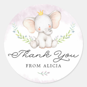 Adesivo Redondo Lilac Aquarela Ólvora Elefante De Bebê Obrigado