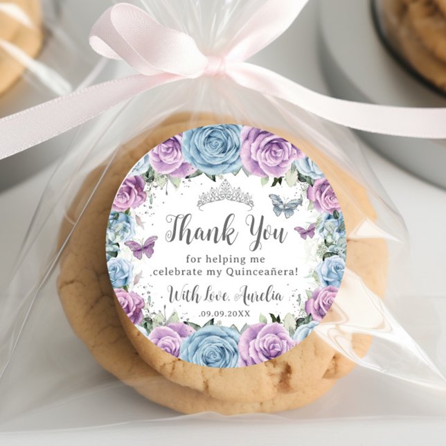 Adesivo Redondo Lilac Baby Blue Butterflies Quinceañera (purple lilac baby blue roses butterflies silver crown quinceanera sweet 16 birthday round labels)