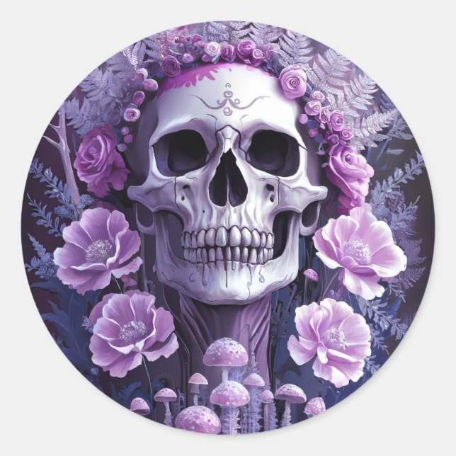 Adesivo Redondo Lilac Garden Gótico Skull, Fantasia Roxa (Frente)