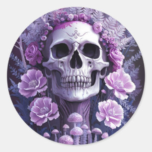 Adesivo Redondo Lilac Garden Gótico Skull, Fantasia Roxa