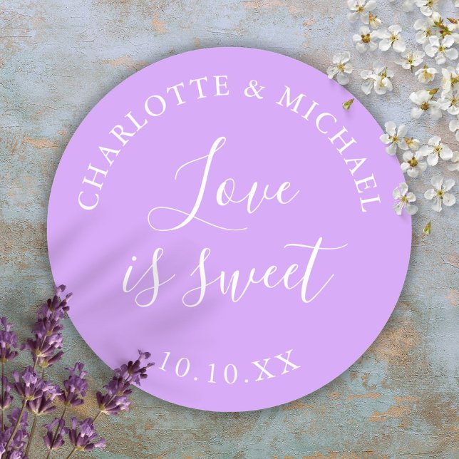 Adesivo Redondo Lilac Love É Um Bonito Favor De Casamento (Lilac Love Is Sweet Wedding Favor Classic Round Sticker)
