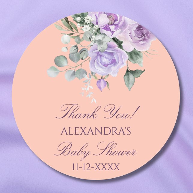 Adesivo Redondo Lilac Peach Floral Baby Shower Thank You (Criador carregado)