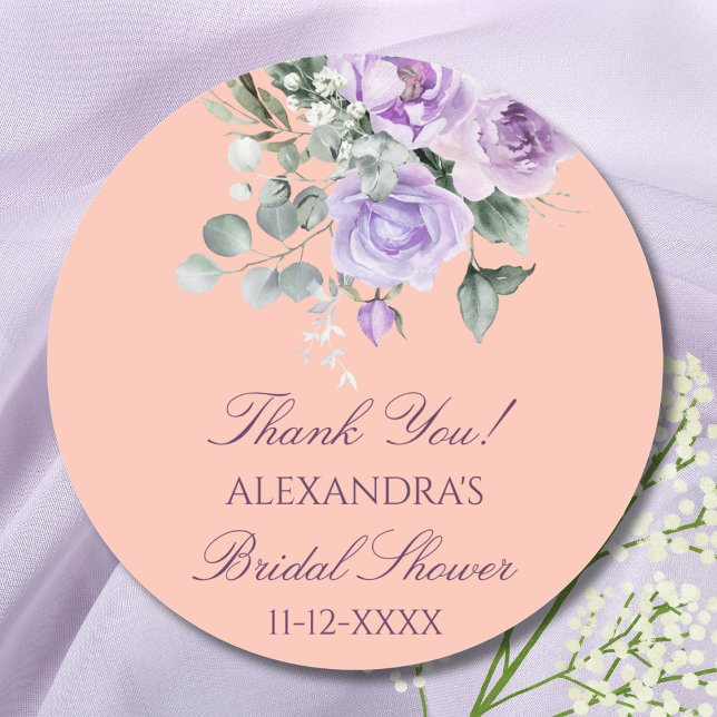 Adesivo Redondo Lilac Peach Floral Peony Bridal Shower Thank You (Criador carregado)