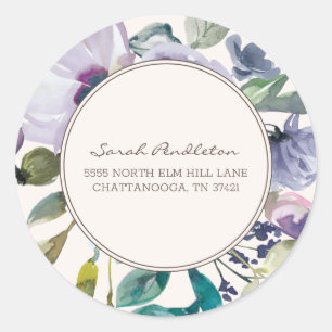 Adesivo Redondo Lilac Roxo Floral Boho Endereço em Aquarela