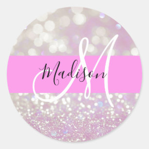 Adesivo Redondo Lilás Girly Brilho Glitter Faíscas Monograma Nome