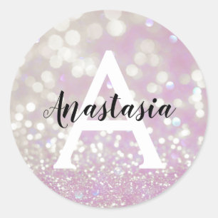 Adesivo Redondo Lilás Menina Brilho Glitter Faíscas Monograma Nome