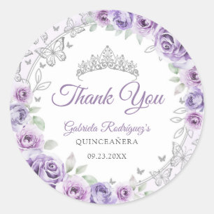 Adesivo Redondo Lilás Roxo Prata Floral Quinceanera
