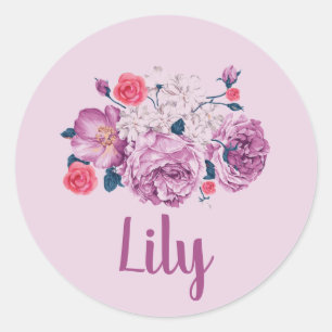 Adesivo Redondo Lily Pink Name Floral Custom Vintage Flower Rosa