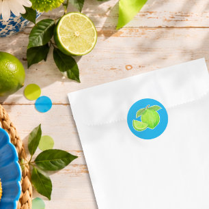 Adesivo Redondo Lima Verde Brilhante em Azul Mão Desenhada Citrus