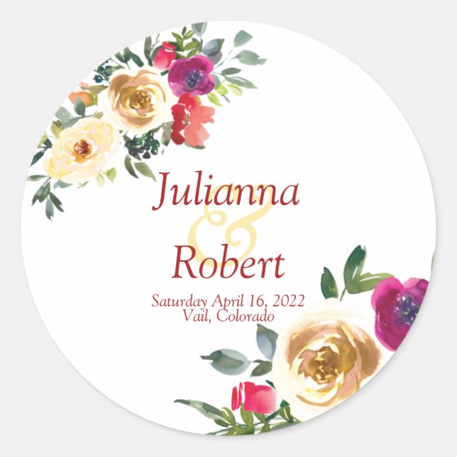 Adesivo Redondo Limão-aquarela e magenta floral clássico (Frente)