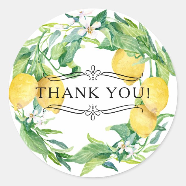 Adesivo Redondo Limão Citrus Aquarela Branca Folha Floral Verde (Frente)