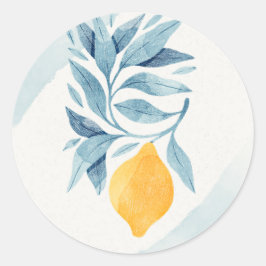 Adesivo Redondo Limão com ilustração botânica das folhas azuis