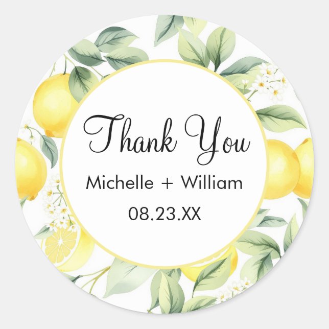 Adesivo Redondo Limão de Casamento por Aquarela Moderno sem Costur (Frente)